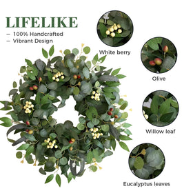 Ecerangus eucalyptus wreath uses silk leaves for a realistic look.