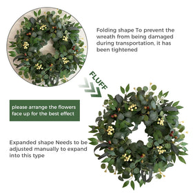 Outdoor-ready wreath hung under an overhang protects from sun and rain.