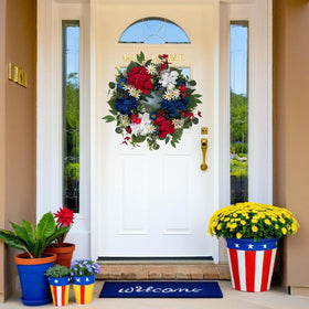 Ecerangus patriotic wreath closeup shows lifelike silk leaves and rich color.
