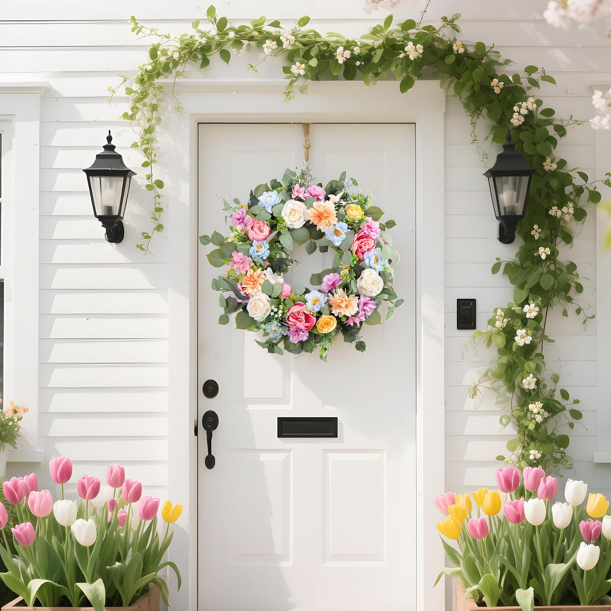 Close-up of Ecerangus summer wreath shows peony, rose, and dahlia detail.