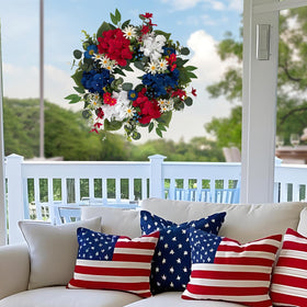 Ecerangus wreath on wall enhances interior decor with patriotic flair.