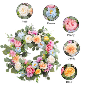 Ecerangus wreath reveals white hydrangea and roses for elegant decor.