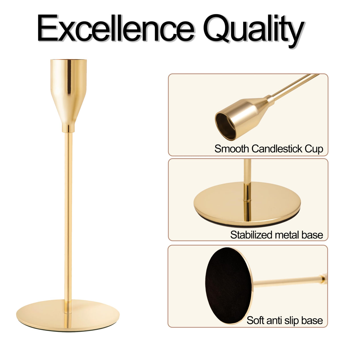 ECHFSM French gold taper candle holders in high height create a dramatic tabletop focal point.