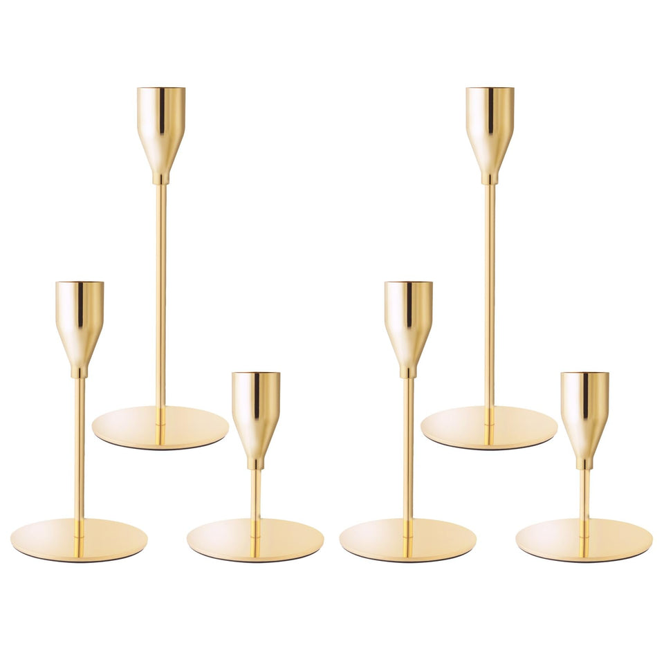 ECHFSM French gold taper candle holders in low height for intimate table accents.