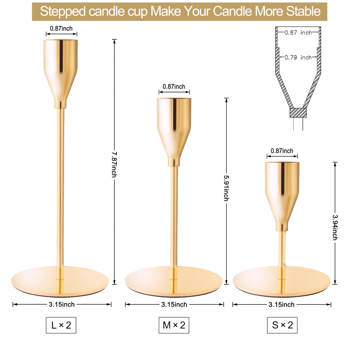 ECHFSM French gold taper candle holders in medium height for balanced centerpiece.
