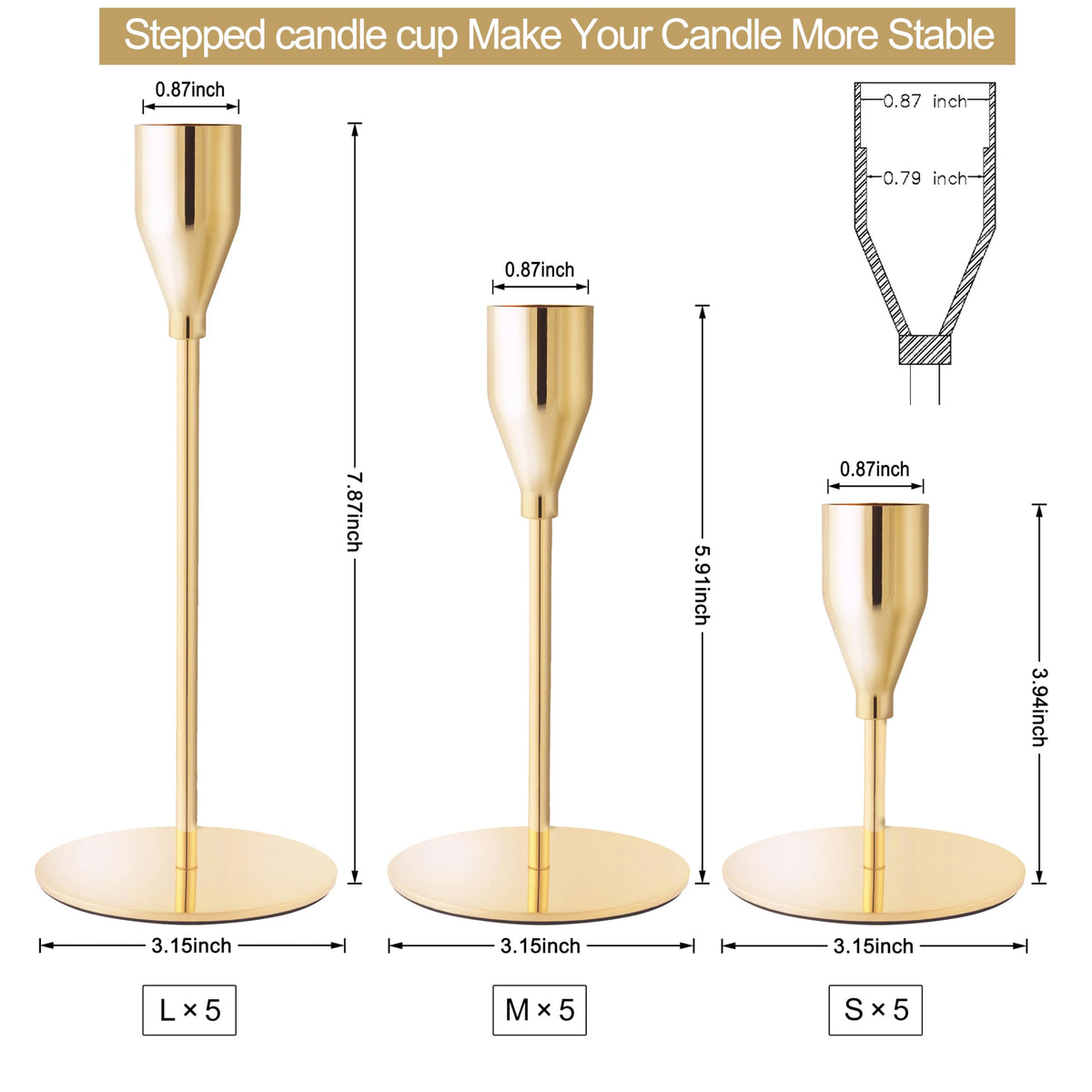 ECHFSM French Gold Taper Candle Holders at mid height for balanced centerpiece visuals