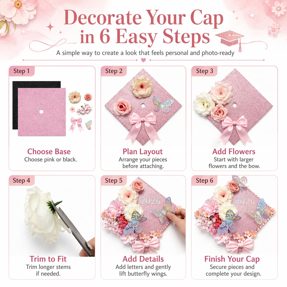 Echpzed 3D butterflies add whimsy and texture to the cap.