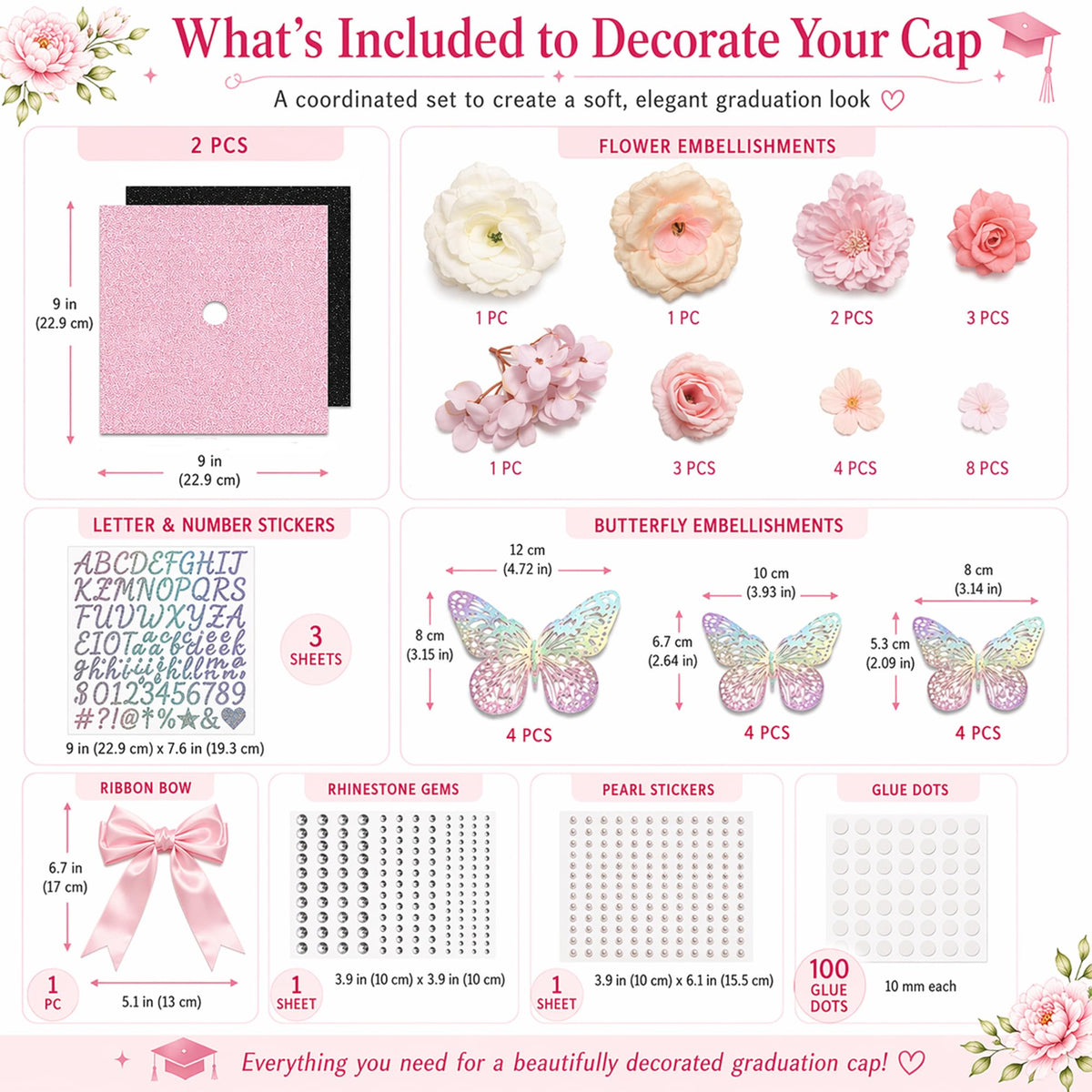 Echpzed pink flower accents create a polished cap design for photos.