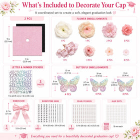 Echpzed pink flower accents create a polished cap design for photos.