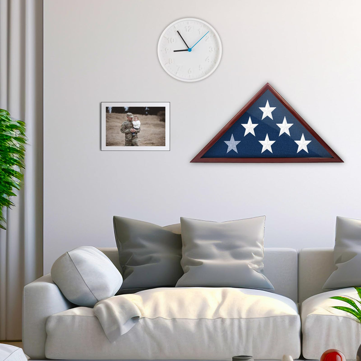 Eclare flag shadow box acrylic-front detail enhances visibility of the display.