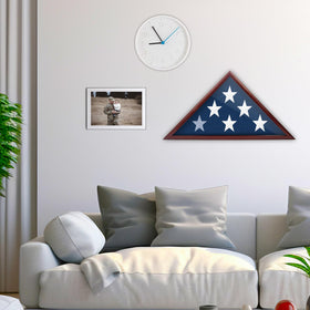 Eclare flag shadow box acrylic-front detail enhances visibility of the display.