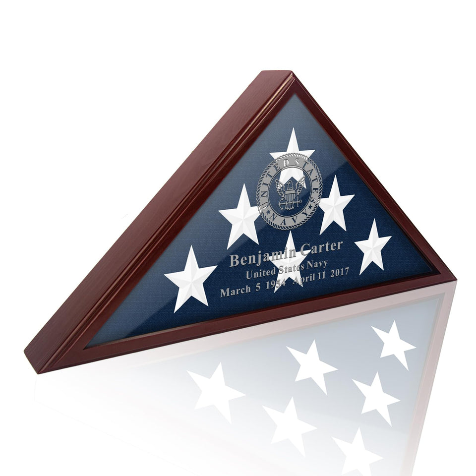 Eclare flag shadow box front view with rich red-brown wood finish for flag display.