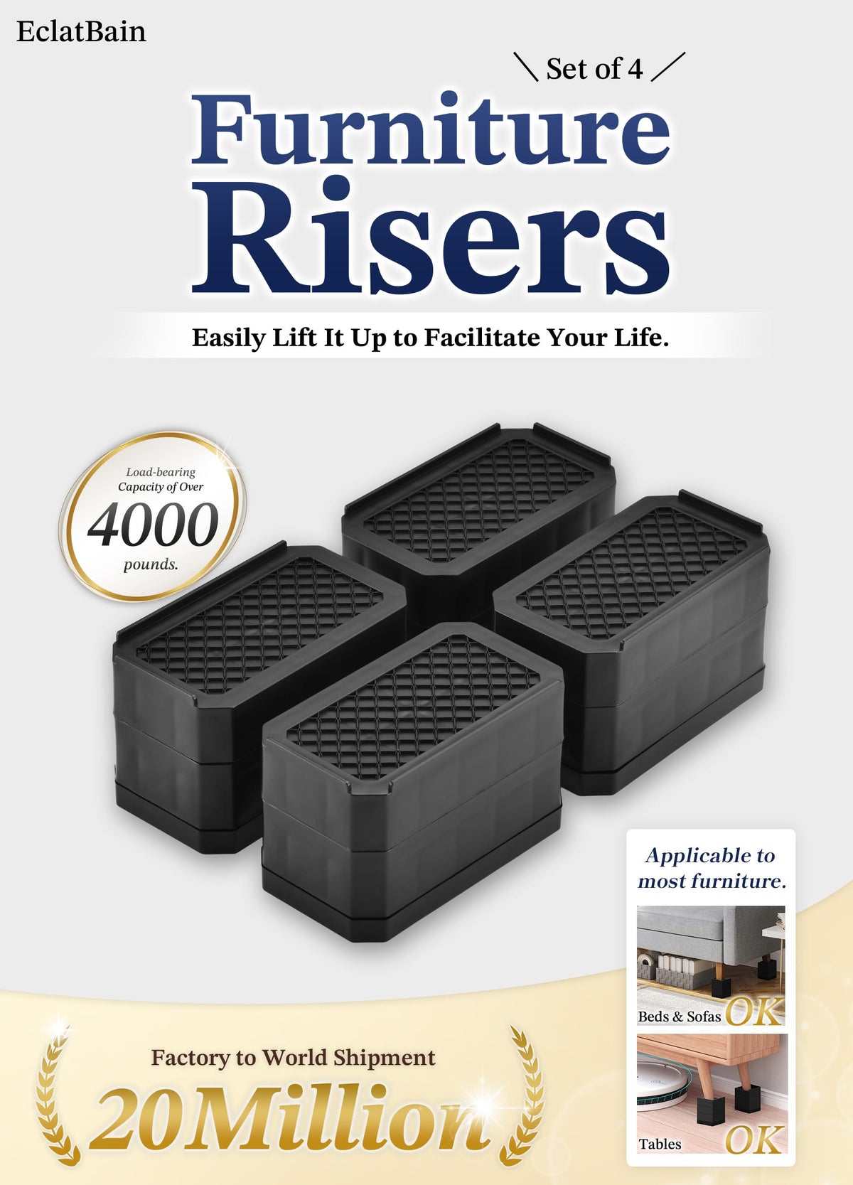 EclatBain risers stackable sections enable customizable height and quick setup.