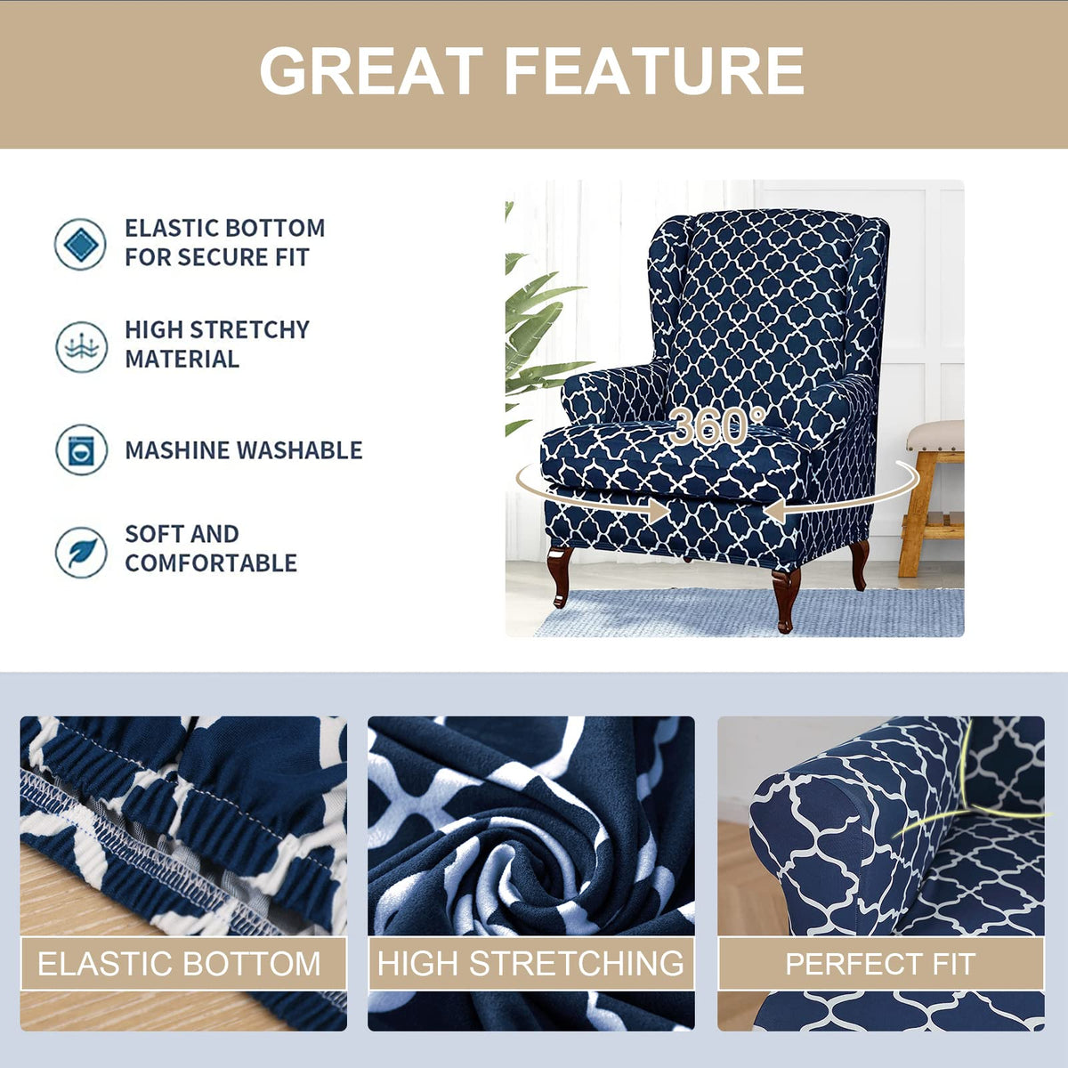 Eco-Ancheng Wingback Slipcover stretch fabric demonstrates flexible fit