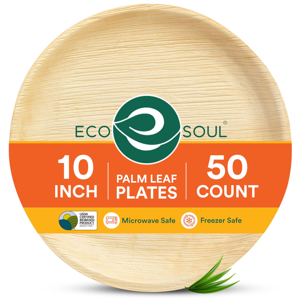 ECO SOUL palm leaf plate, 10-inch round for eco-friendly parties.