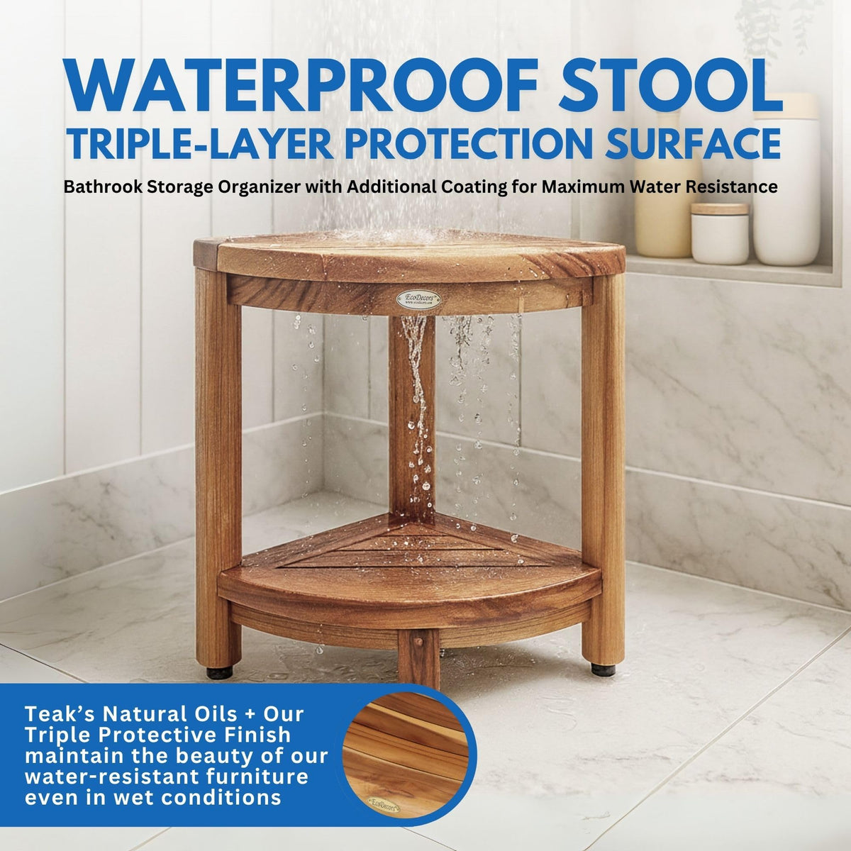 EcoDecors DecoTeak compact storage fits tight showers without crowding space.