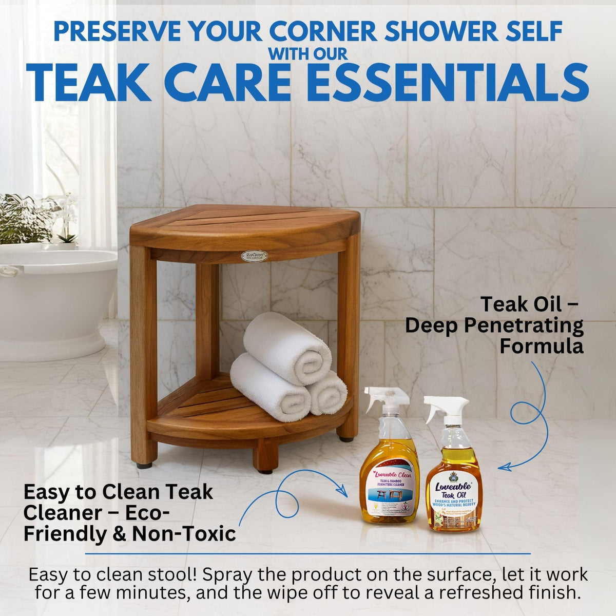 EcoDecors DecoTeak bathroom shelf simplifies corner organization in small bathrooms.
