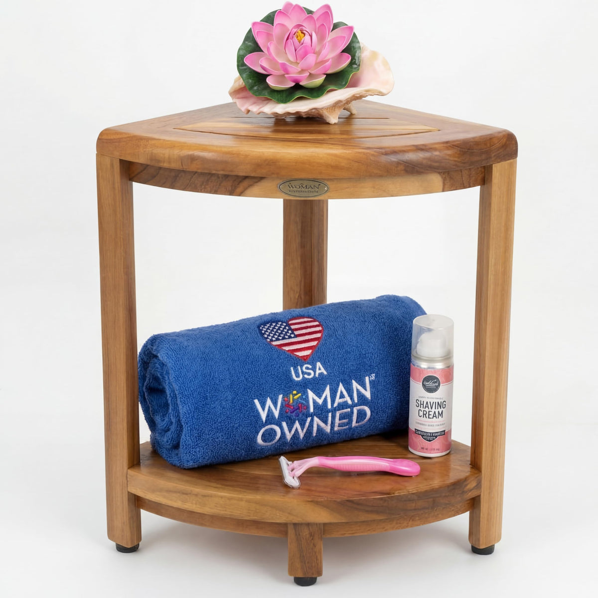 EcoDecors DecoTeak corner shower shelf 2-tier maximizes corner storage in small bathrooms.