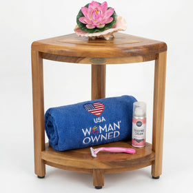EcoDecors DecoTeak corner shower shelf 2-tier maximizes corner storage in small bathrooms.