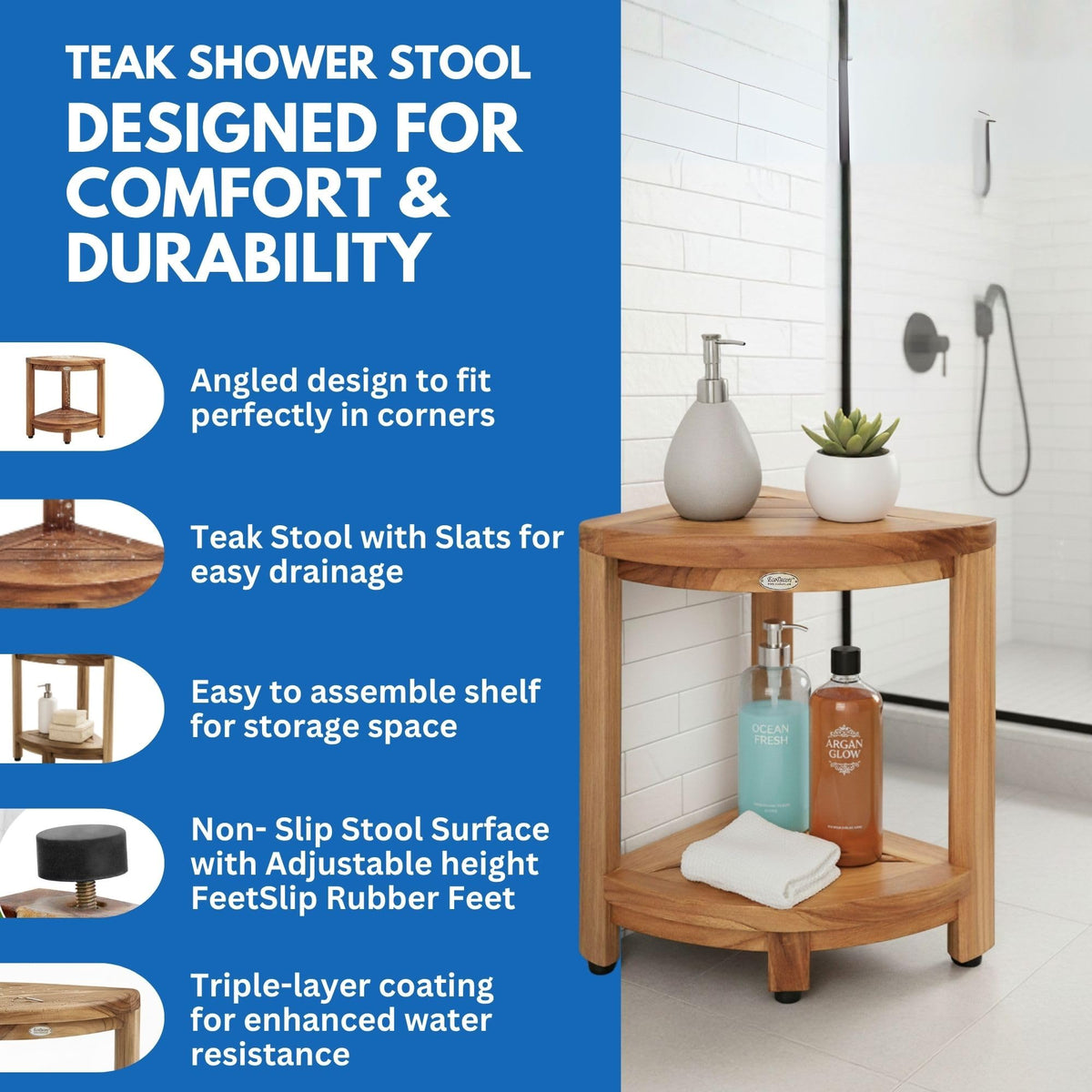 EcoDecors DecoTeak corner stool in teak wood provides sturdy seating for the shower.