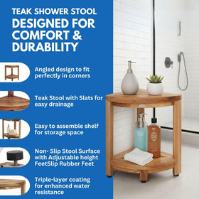 EcoDecors DecoTeak corner stool in teak wood provides sturdy seating for the shower.