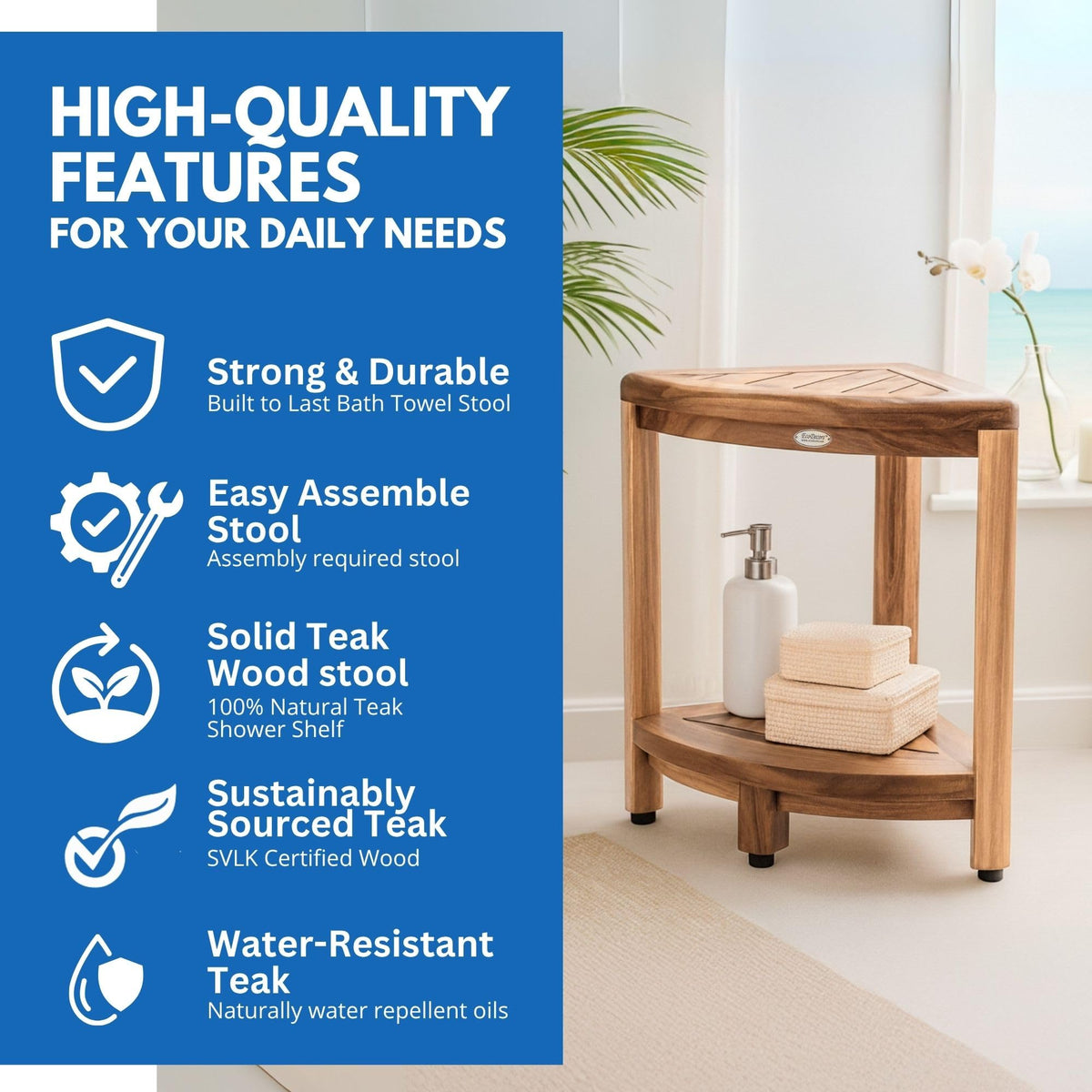 EcoDecors DecoTeak corner stool features height-adjustable feet for stable placement.