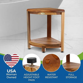 EcoDecors DecoTeak corner shelf with built-in storage keeps damp items organized after showers.