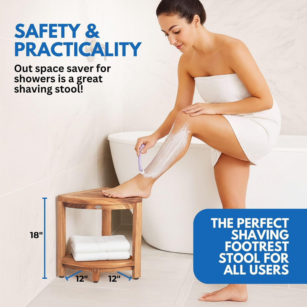 EcoDecors DecoTeak teak bathroom bench resists humidity for lasting bathroom charm.