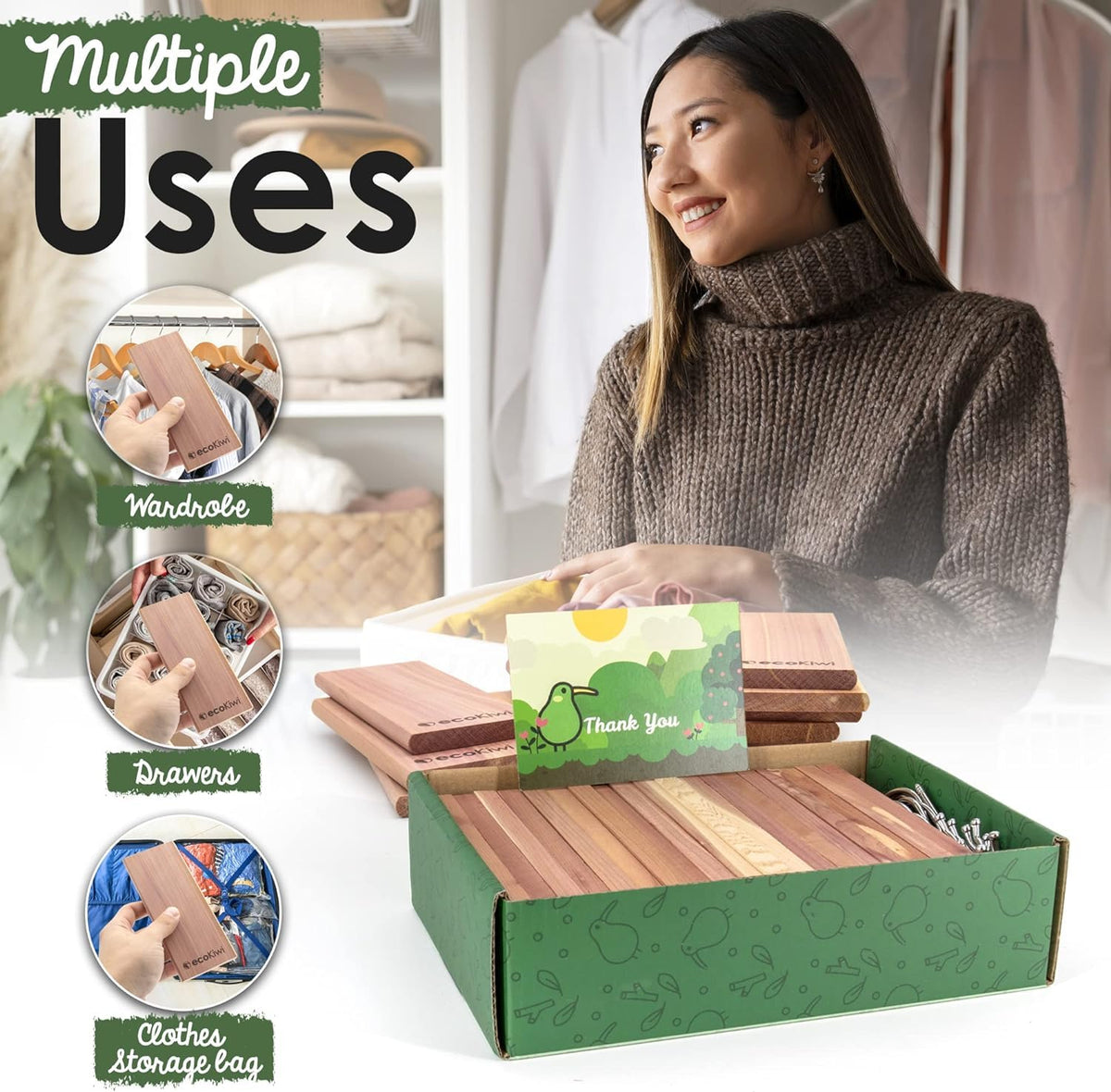 Natural cedar chips provide long-lasting scent without chemicals touching fabrics.