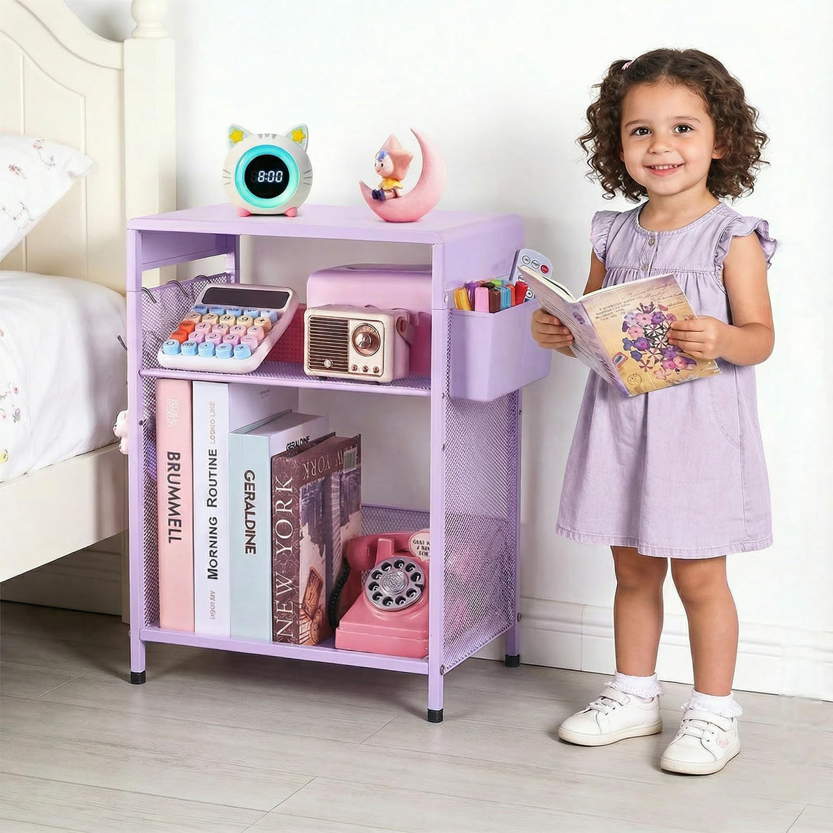 ECOLOVI Kids Nightstand 19in metal frame provides a sturdy bedside surface for toddlers.