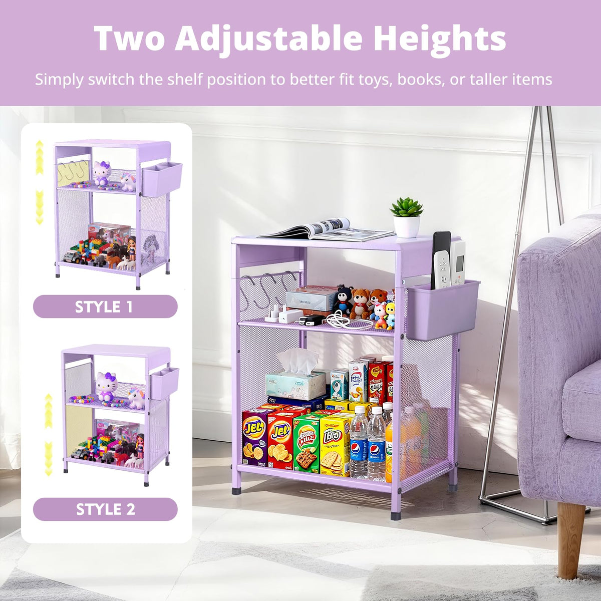 ECOLOVI Kids Nightstand with S-hooks keeps books and toys within easy reach.