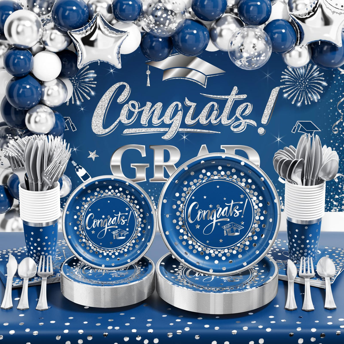 Ecomore graduation balloon kit enhances navy blue and silver decor