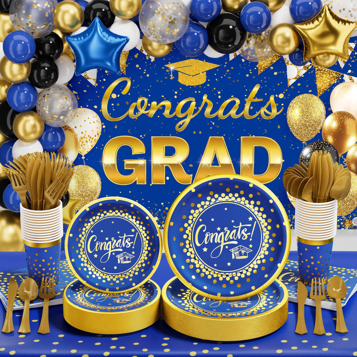 Ecomore graduation dinner plates in blue and gold for coordinated party decor.