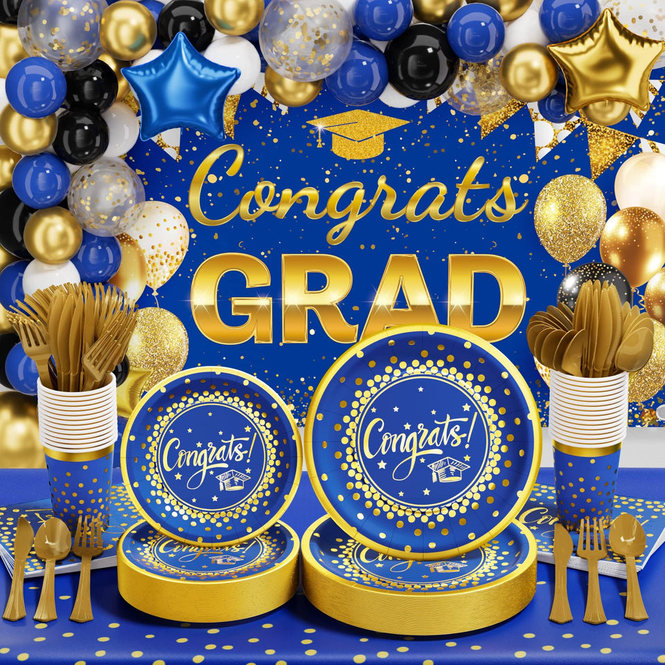 Ecomore graduation dinner plates in blue and gold for coordinated party decor.