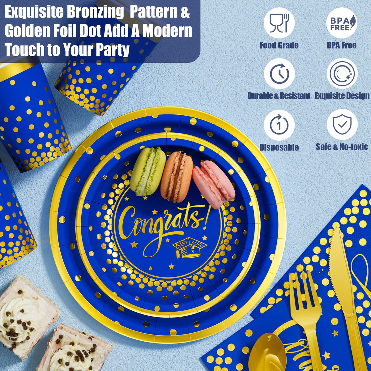 Ecomore napkins in blue gold colors simplify clean-up during celebration.
