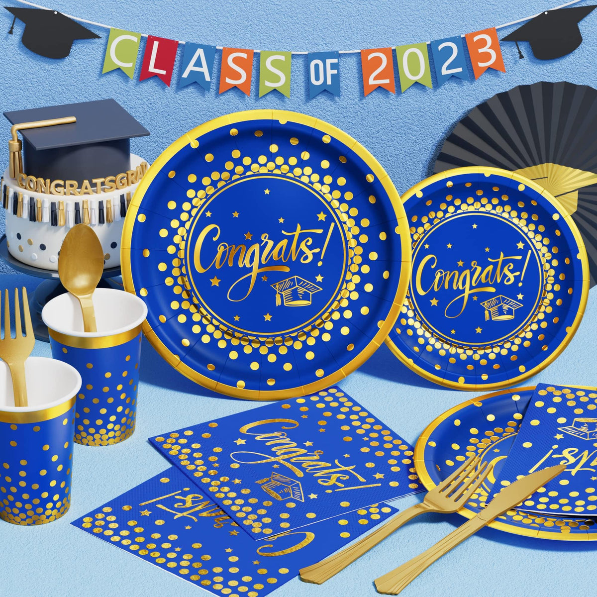 Ecomore graduation paper cups in blue gold theme for easy serving.