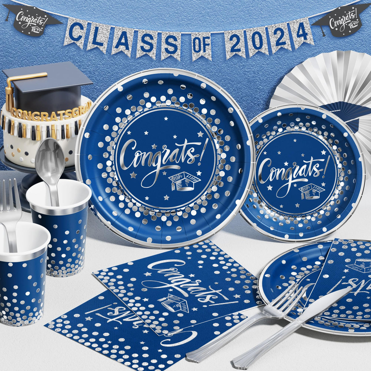 Ecomore navy blue tablecloth provides a durable base for celebrations