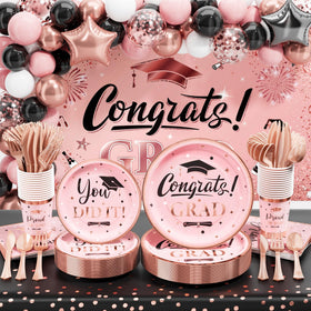 Ecomore graduation backdrop in rose gold creates photo-worthy centerpiece.