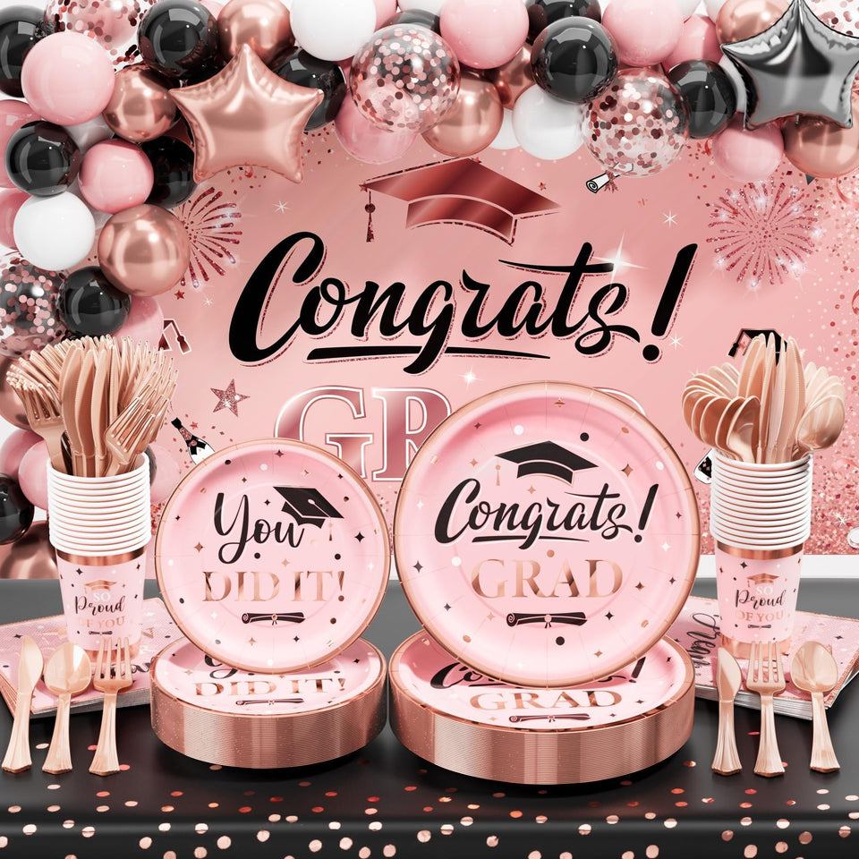Ecomore graduation backdrop in rose gold creates photo-worthy centerpiece.