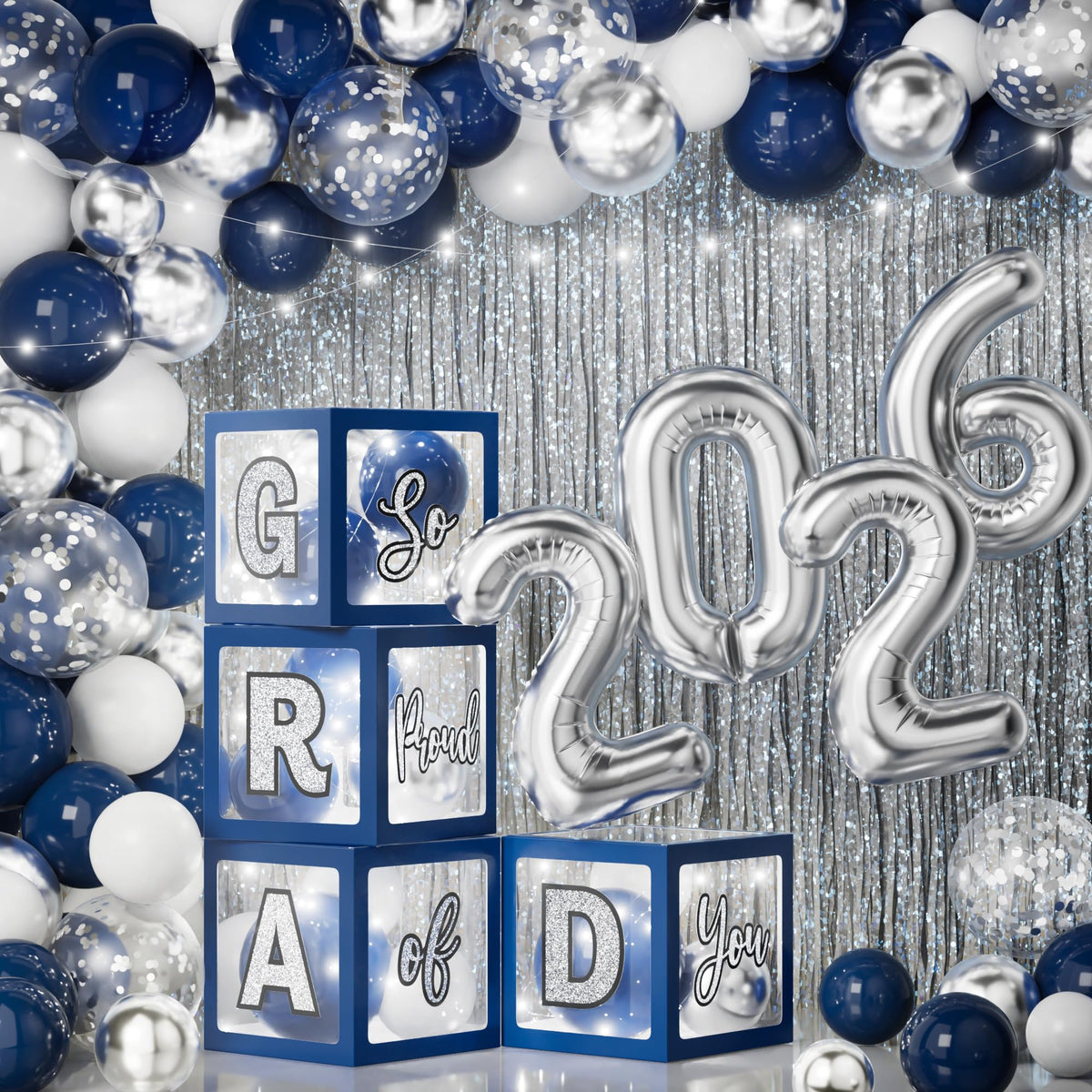 Ecomore graduation decor set boxes show navy blue and silver theme as stylish centerpieces.