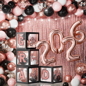 Ecomore graduation foil curtain backdrop in black pink rose gold for vibrant party photos