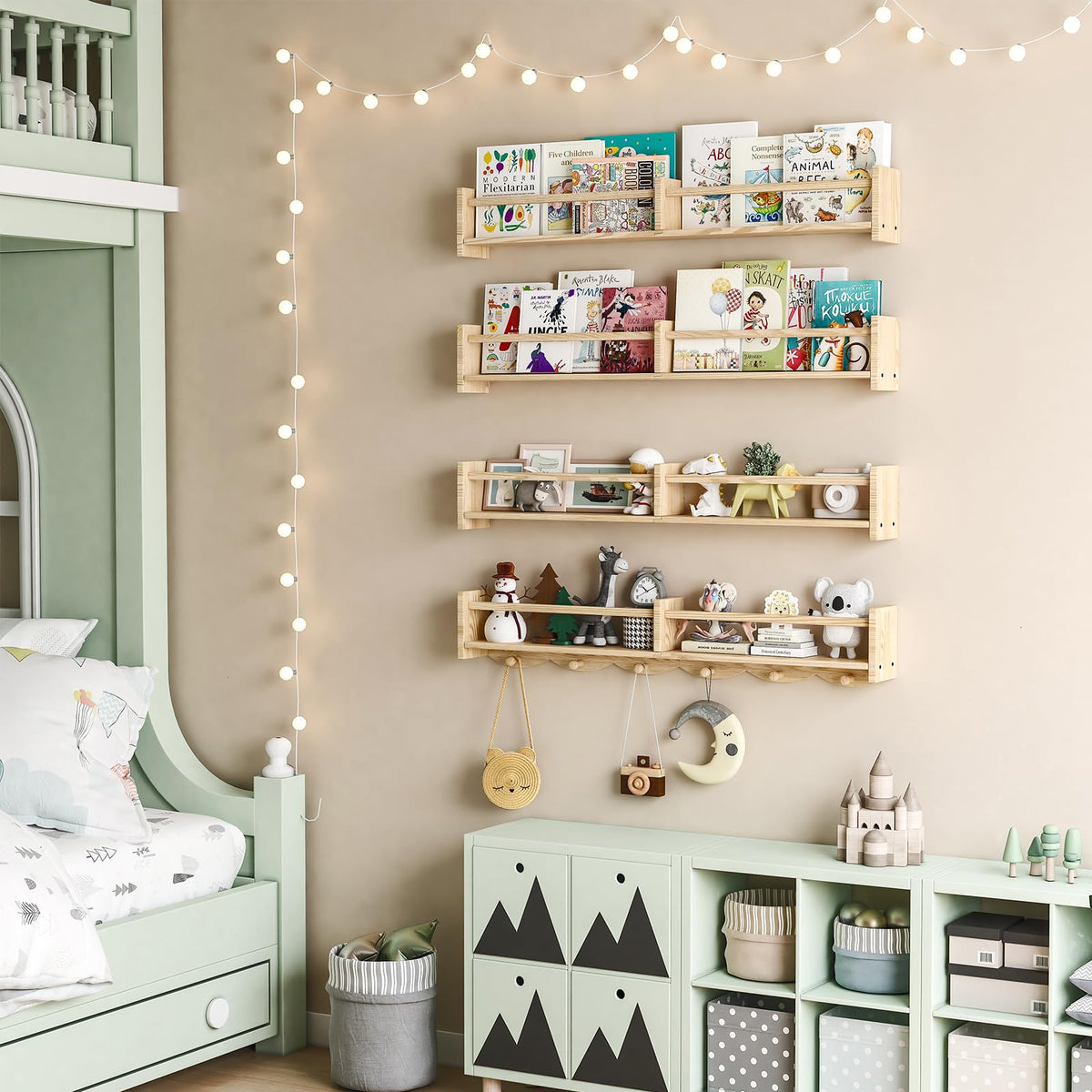 ECOOCE wavy-design shelf adds playful decor to a kid's room.