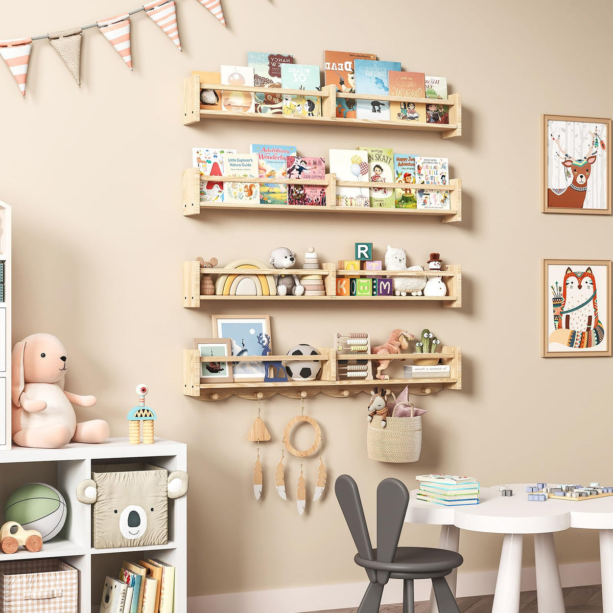 ECOOCE wall shelves with six hooks offer accessible kid storage.