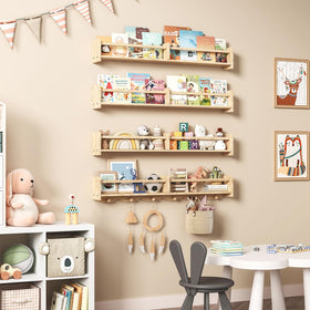 ECOOCE wall shelves with six hooks offer accessible kid storage.