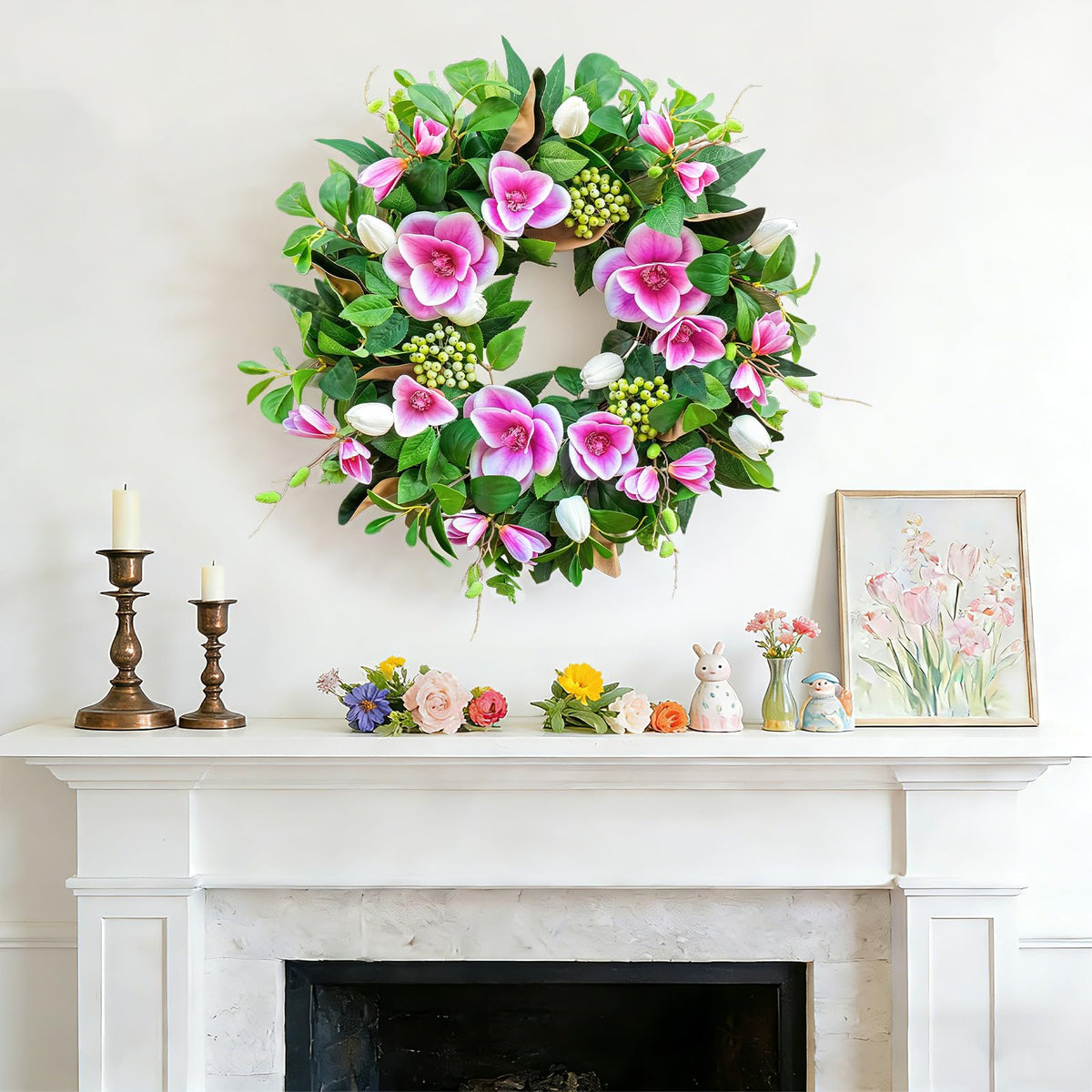 Close-up of EcoRing pink magnolia and anemone flowers with lush greenery