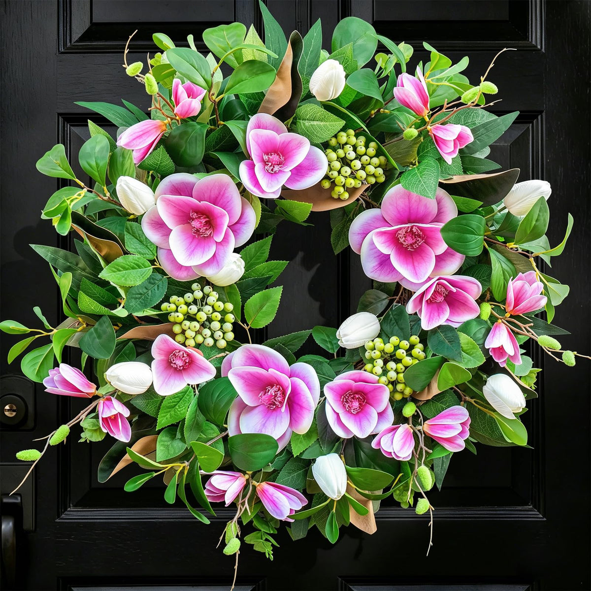 EcoRing spring wreath on a front door with pink magnolia and anemone for vibrant curb appeal