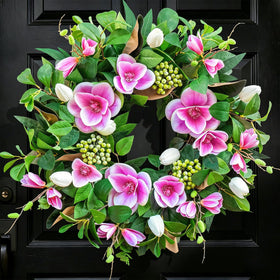 EcoRing spring wreath on a front door with pink magnolia and anemone for vibrant curb appeal