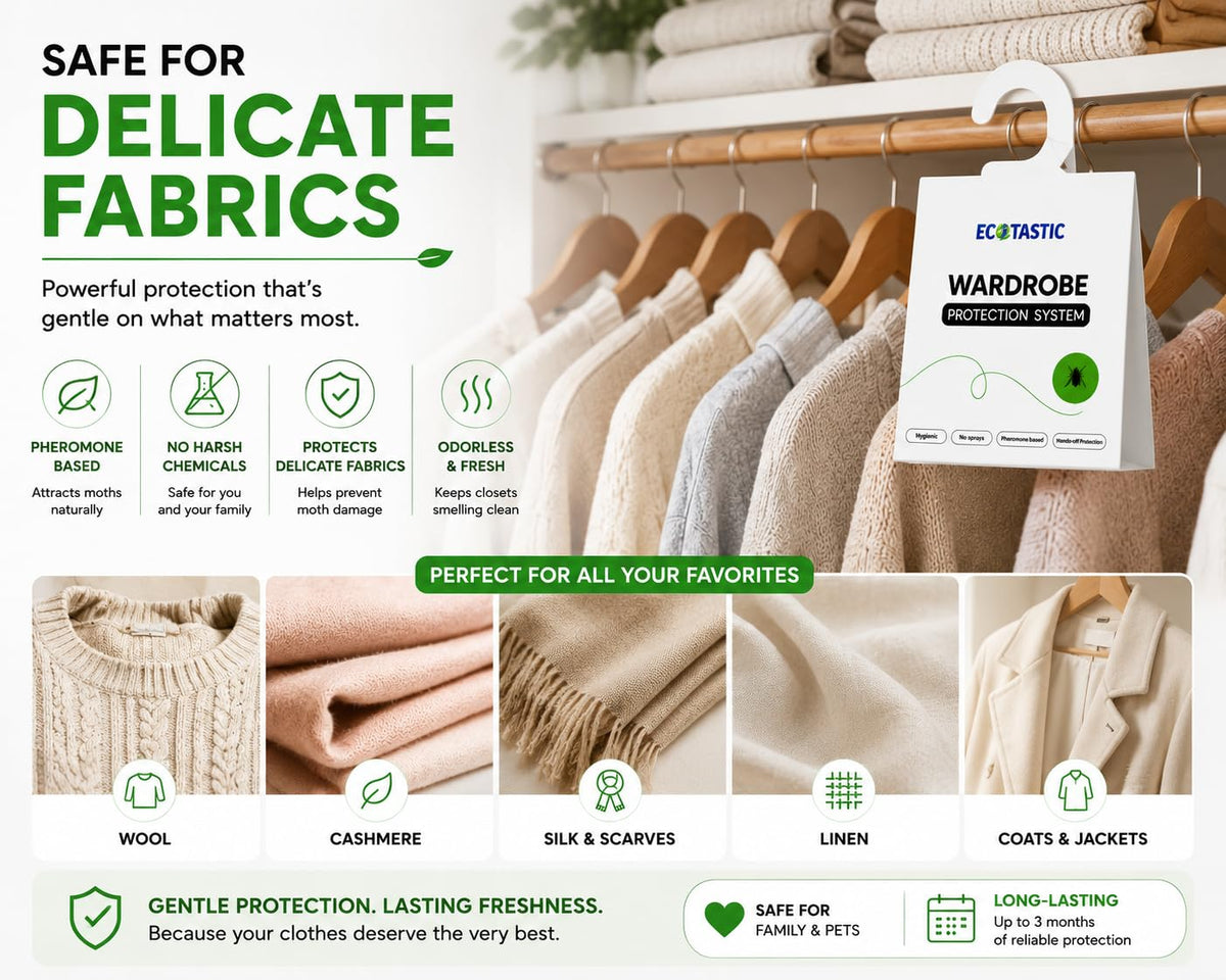 ECOTASTIC closet-placement-trap close to fabrics, protects garments from moth damage.
