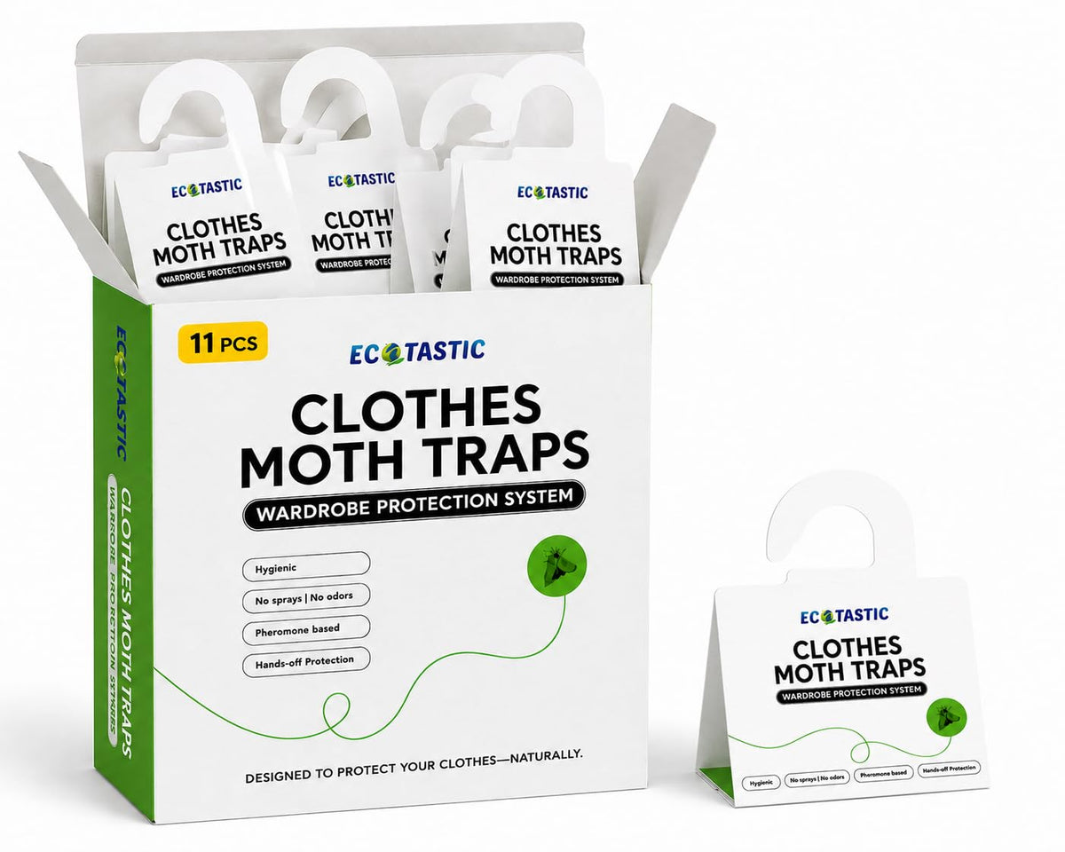 ECOTASTIC clothes moth traps 11-pack in packaging, ideal for closet protection against moths.