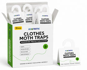 ECOTASTIC clothes moth traps 11-pack in packaging, ideal for closet protection against moths.